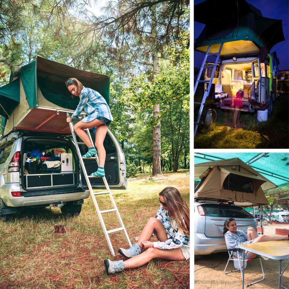 tipo de campamento en vehículo con tienda pop up